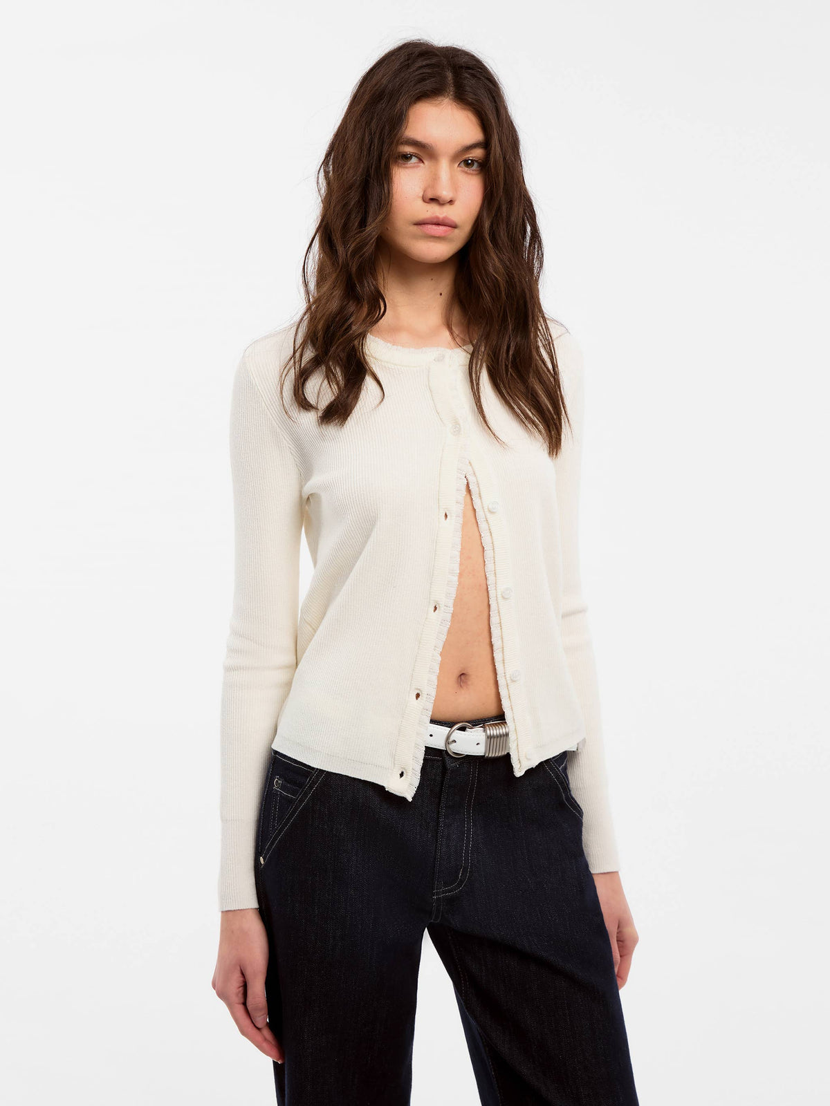 Cardigan in maglia di lino con pizzo CUBIC: Bianco