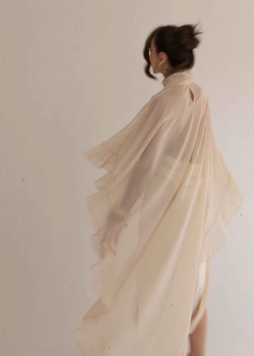 Asymmetric Ruffle Silk-Chiffon Cape in Ivory Pearl