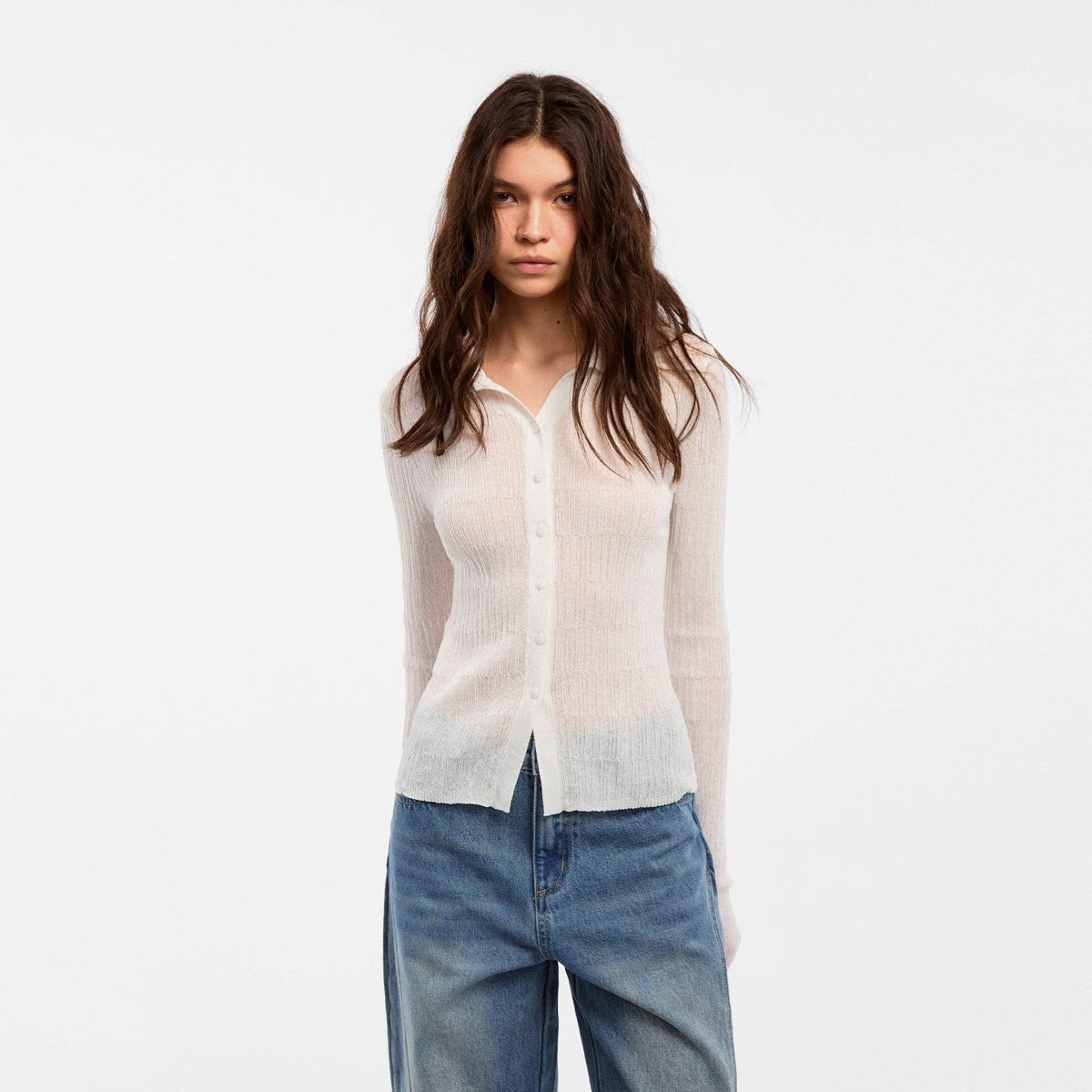 Camicetta a maglia in lino CUBIC con collo e maniche lunghe