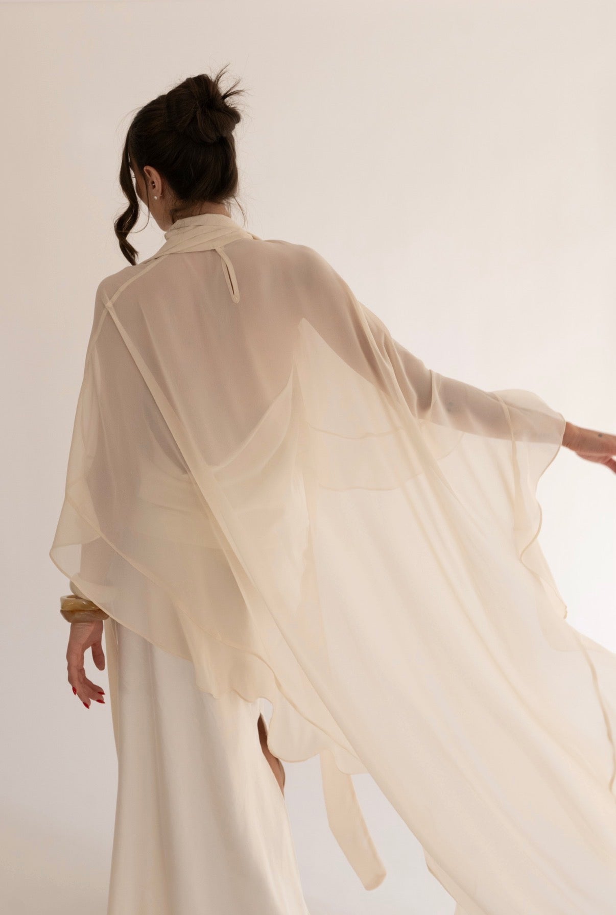 Asymmetric Ruffle Silk-Chiffon Cape in Ivory Pearl