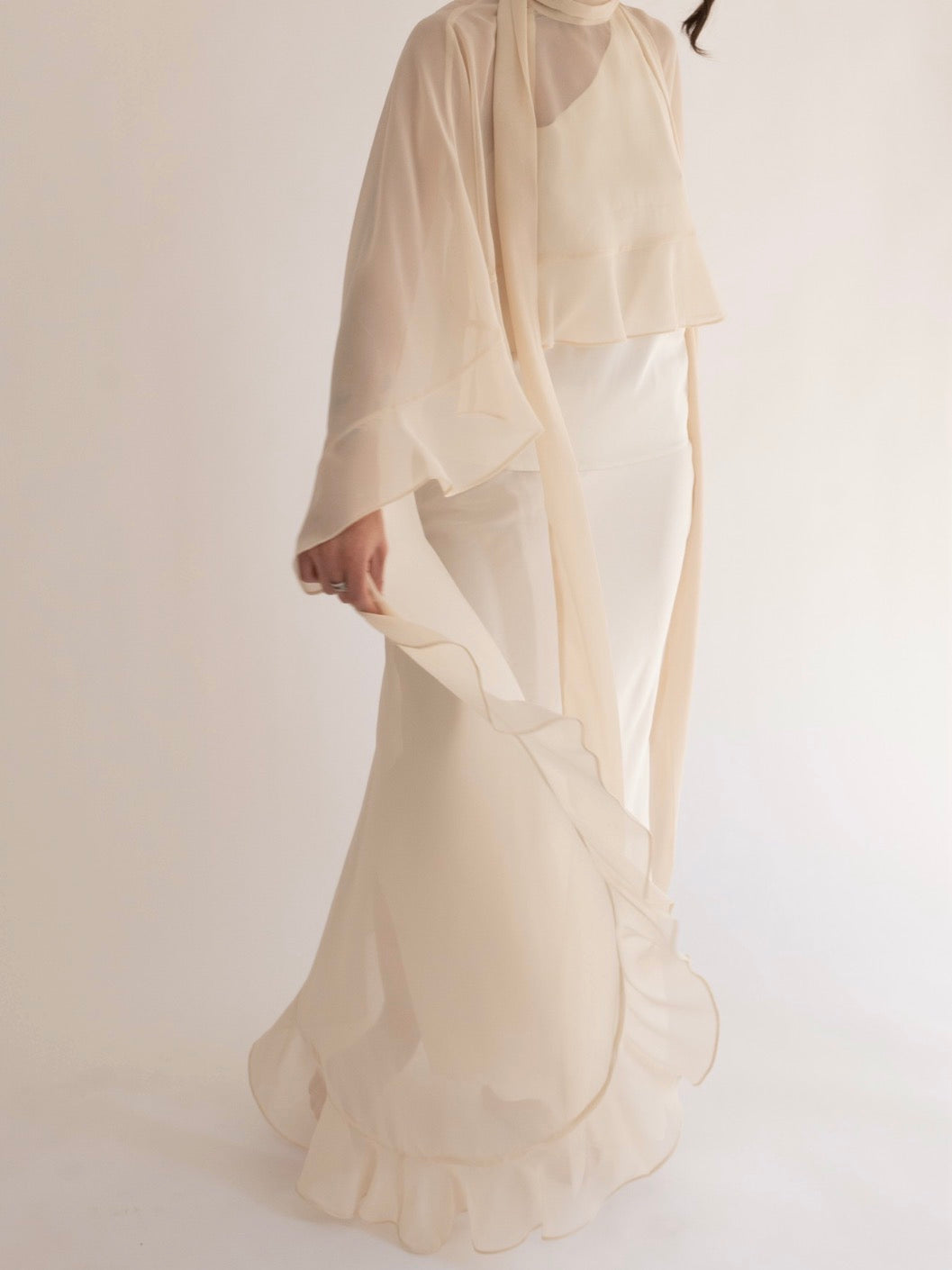 Asymmetric Ruffle Silk-Chiffon Cape in Ivory Pearl