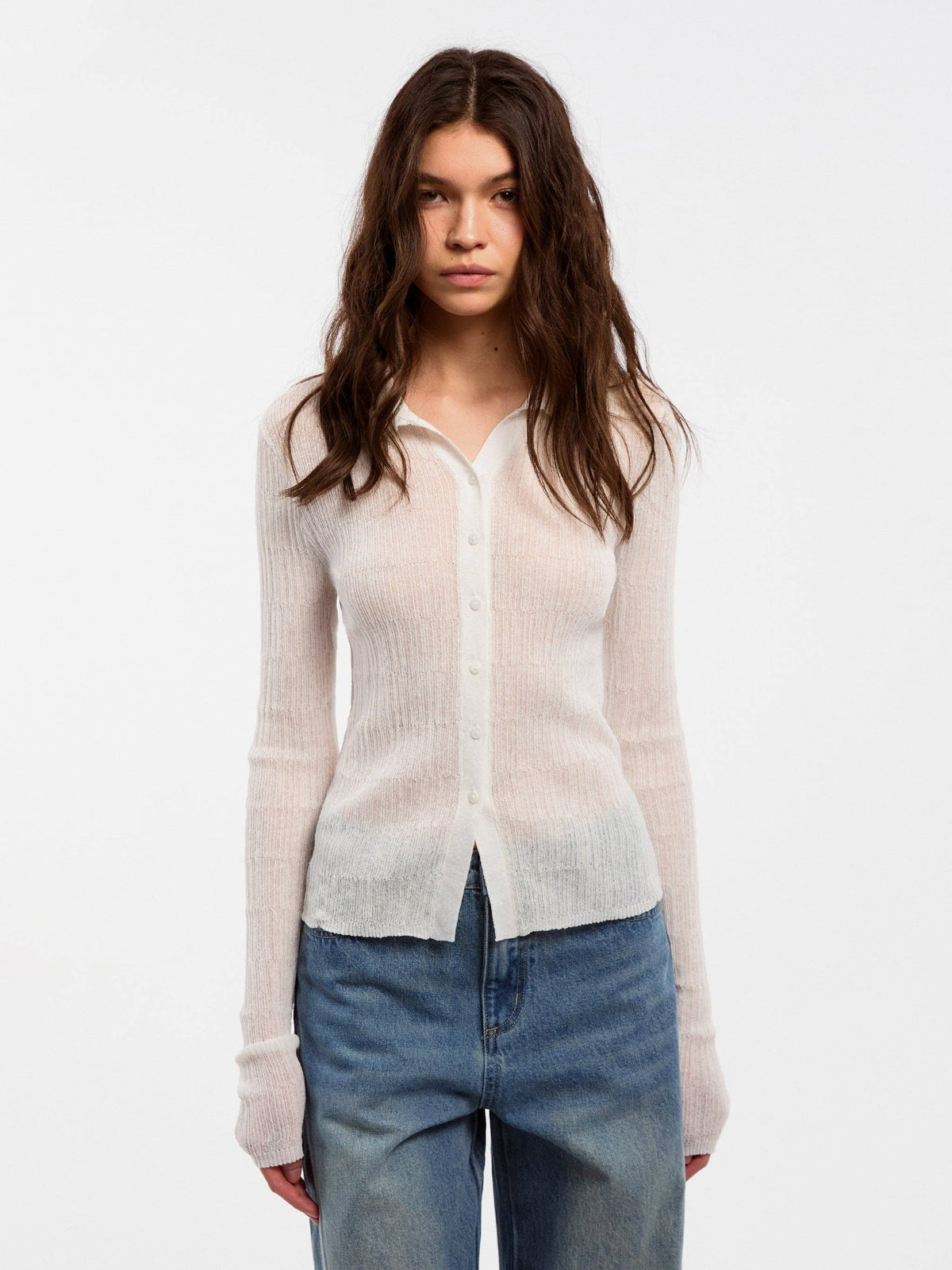 Camicetta a maglia in lino CUBIC con collo e maniche lunghe